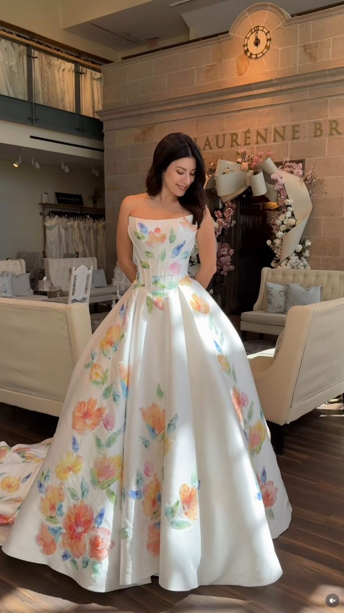 Strapless Floral Print Corset Wedding Dress