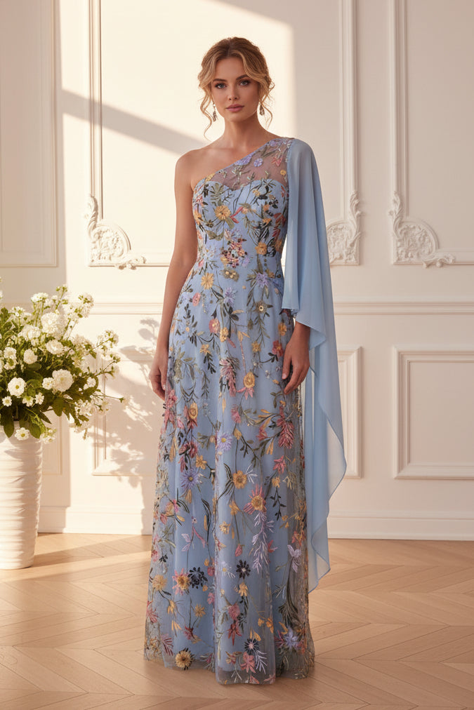One-Shoulder Floral Embroidered Gown with Cape