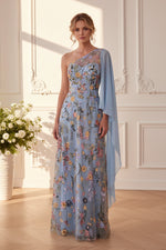 One-Shoulder Floral Embroidered Gown with Cape
