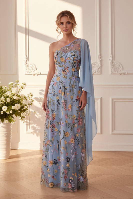 One-Shoulder Floral Embroidered Gown with Cape