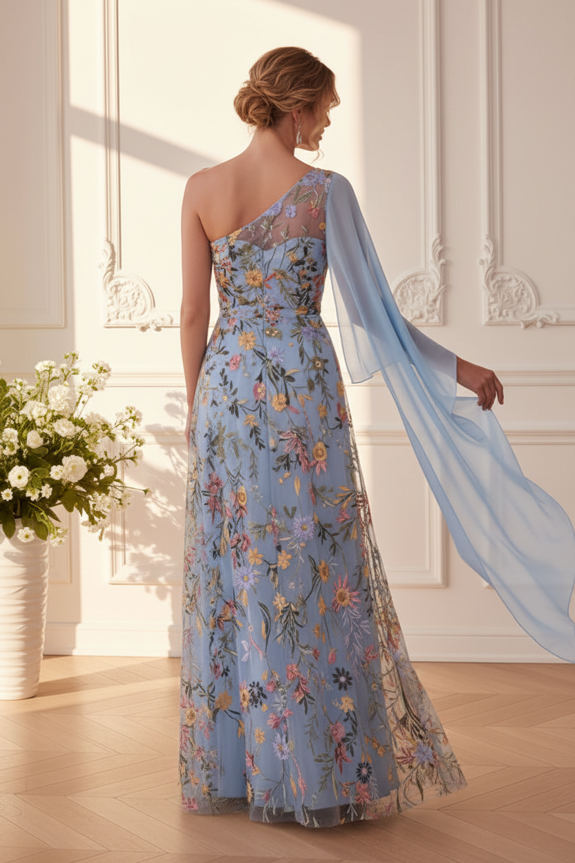 One-Shoulder Floral Embroidered Gown with Cape