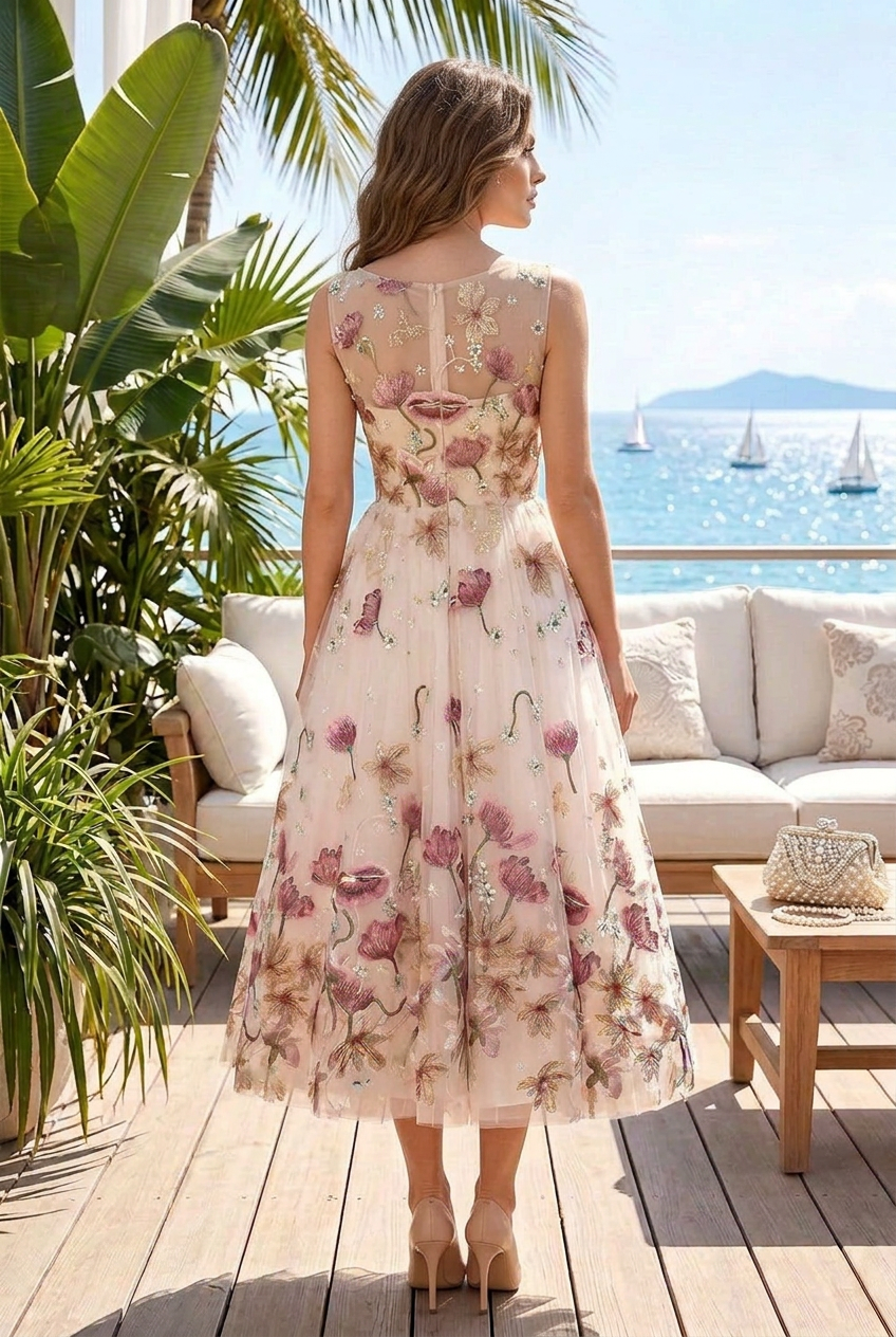 Floral Embroidered Tulle Tea-Length A-Line Dress