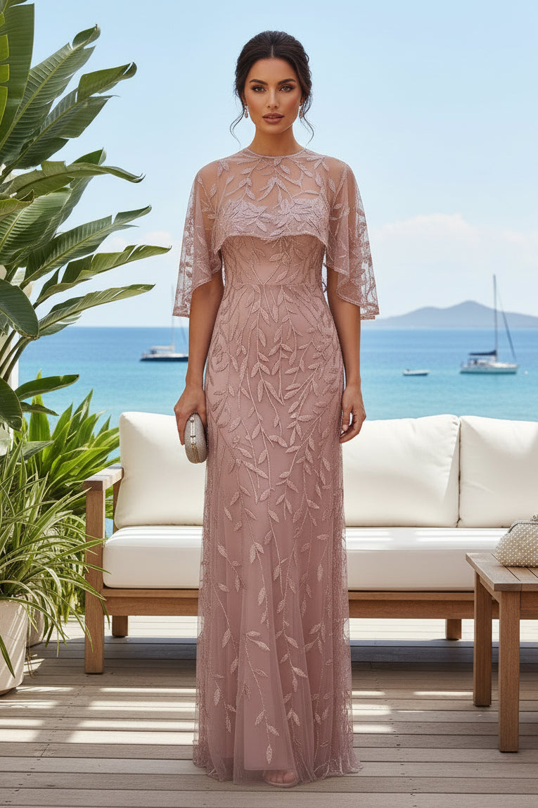 Beaded Leaf Sheath Gown with Illusion Capelet