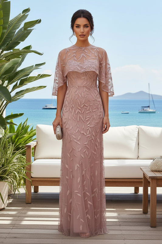 Beaded Leaf Sheath Gown with Illusion Capelet