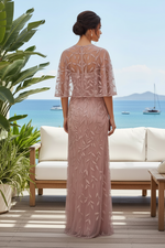 Beaded Leaf Sheath Gown with Illusion Capelet
