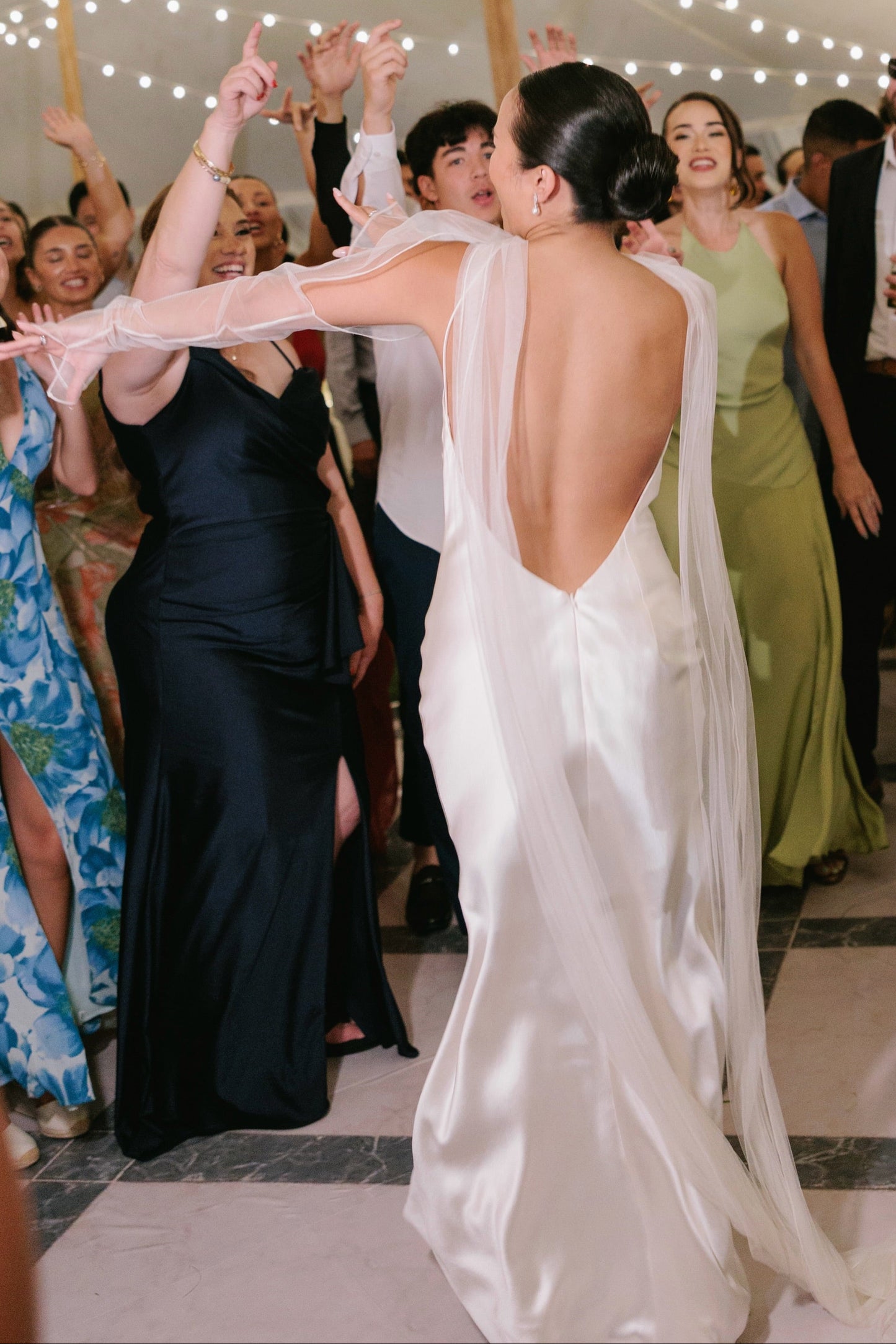 Low Back Satin Wedding Dress with Sheer Cape