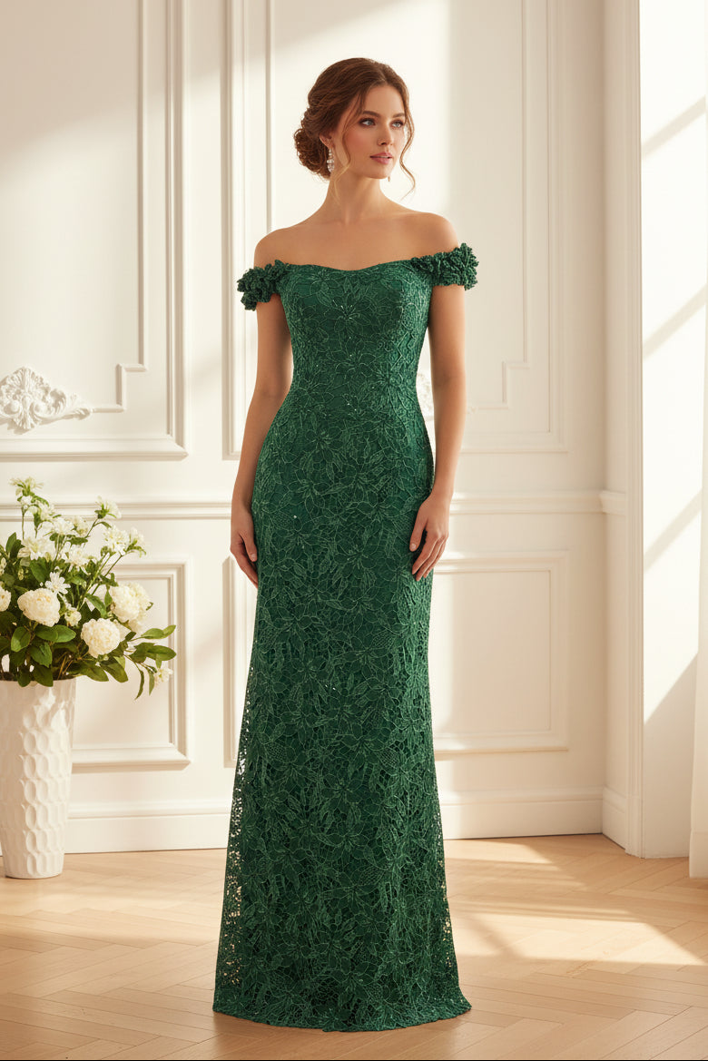 Off-the-Shoulder Floral Lace Evening Gown