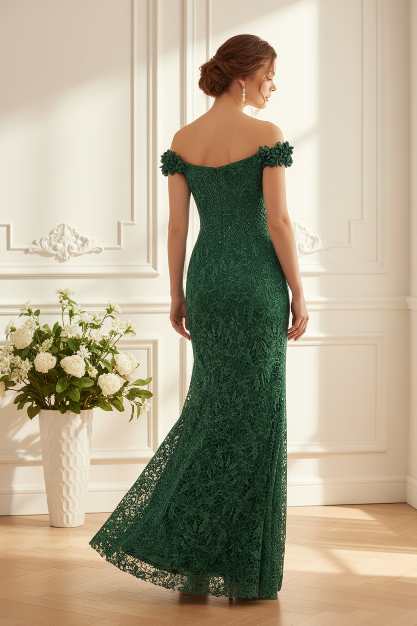 Off-the-Shoulder Floral Lace Evening Gown