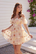3D Floral Off-the-Shoulder Tulle Mini Dress