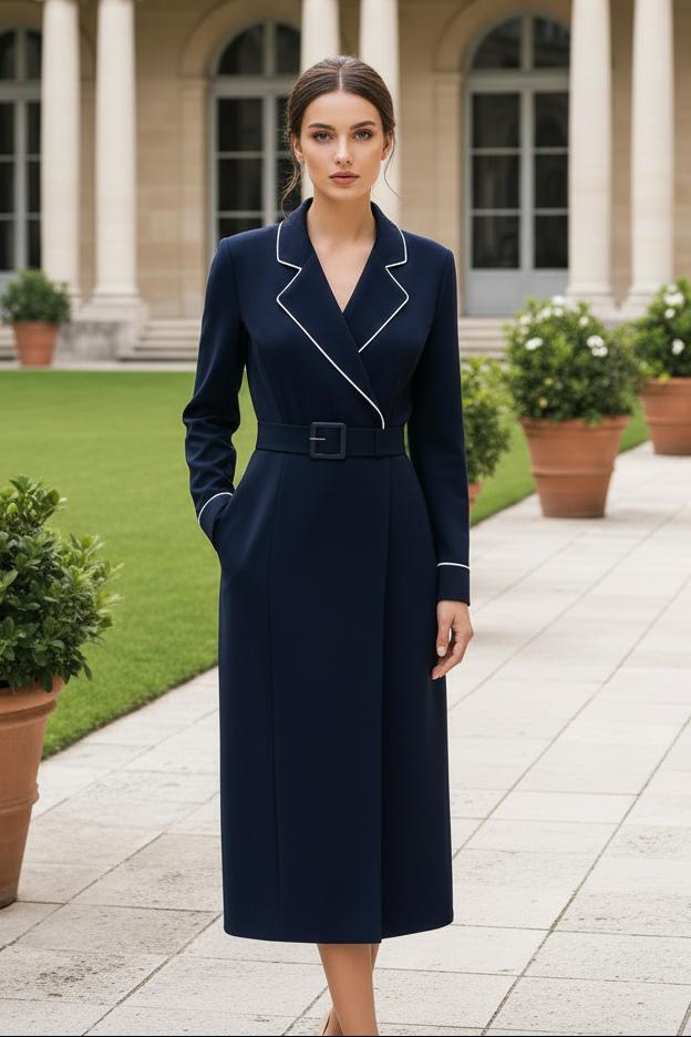 Belted Trench Style Maxi Dress with Contrast Trim