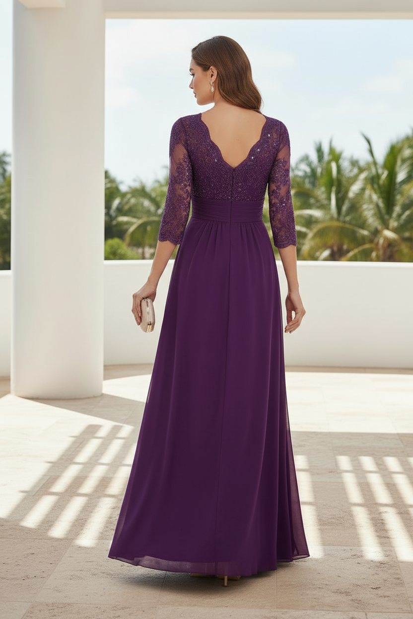 Sequined Lace A-Line Gown with Chiffon Drape