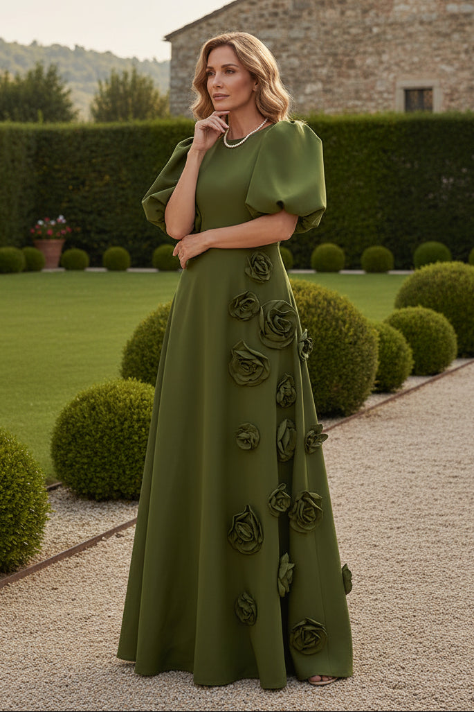 A-Line Gown with Puff Sleeves & 3D Rosettes