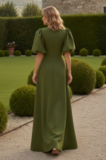 A-Line Gown with Puff Sleeves & 3D Rosettes