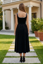 Embellished Square Neck Velvet Midi Dress