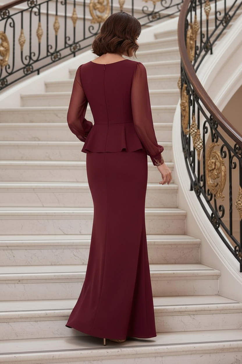Embroidered Peplum Evening Gown with Long Sleeves