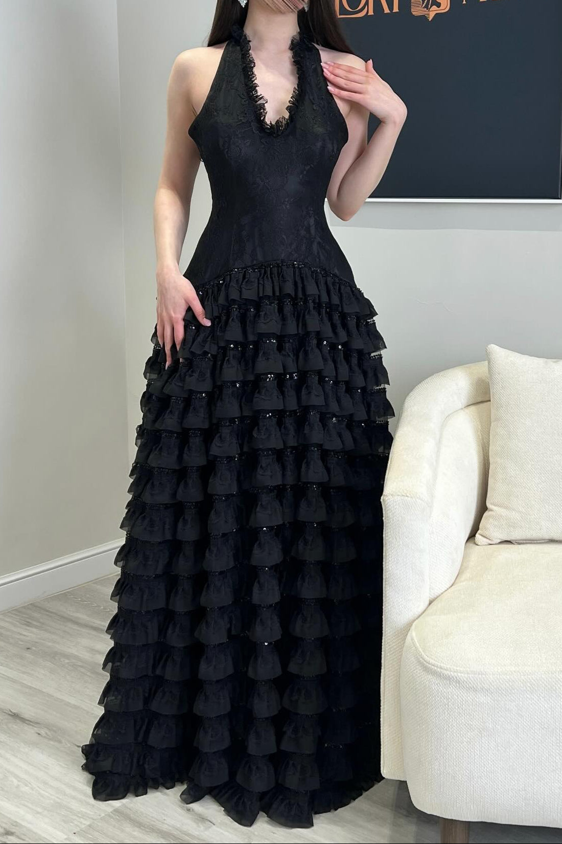 Halter Tiered Ruffle Evening Gown