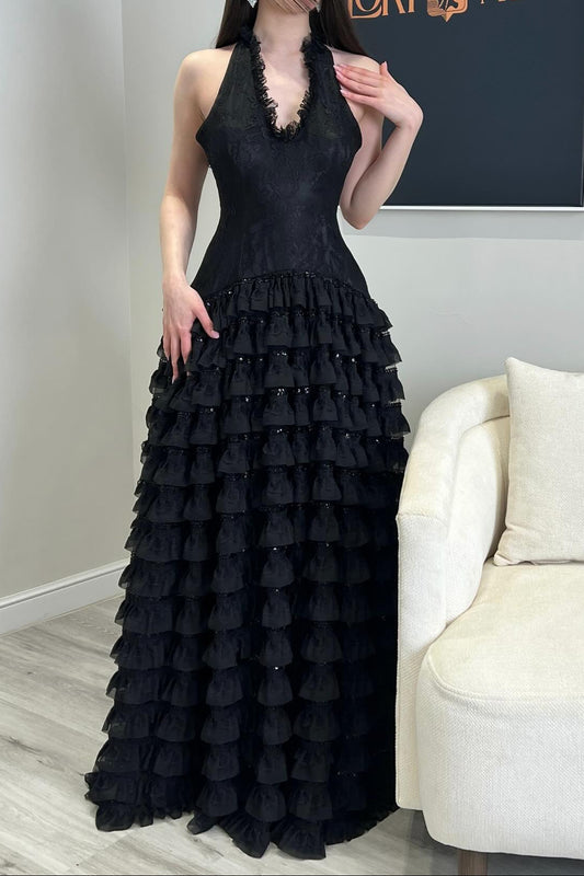 Halter Tiered Ruffle Evening Gown