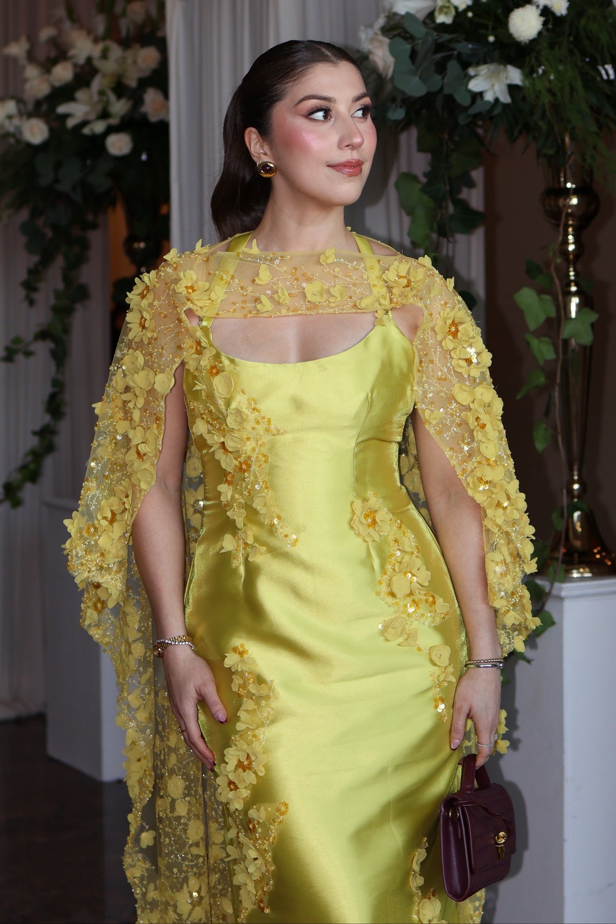 Satin Evening Gown with 3D Floral Cape