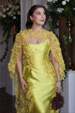 Satin Evening Gown with 3D Floral Cape