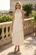 Halter Floral Applique Ruffle Midi Dress