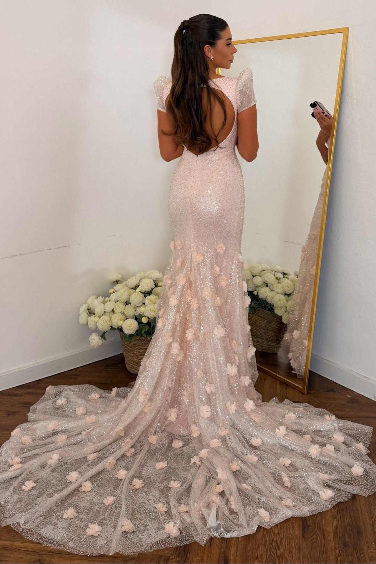 Sequined Mermaid Gown with 3D Floral Train