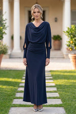 Cowl Neck Ruched Evening Gown with Slit Sleeves