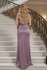 One-Shoulder Floral Appliqué Ruched Satin Gown