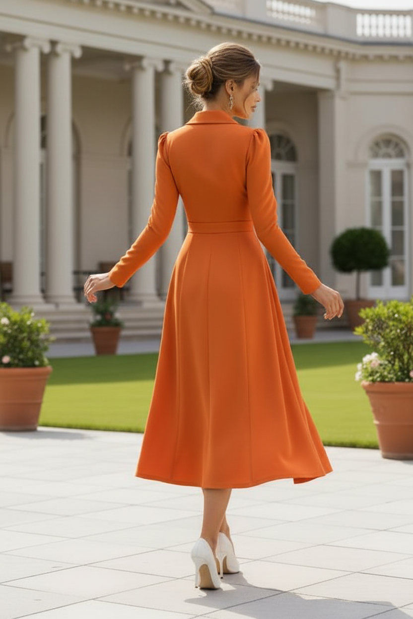 Collared Wrap Midi Dress with Long Sleeves