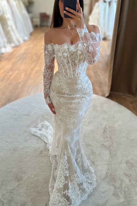 Off-the-Shoulder Lace Mermaid Wedding Dress with Corset