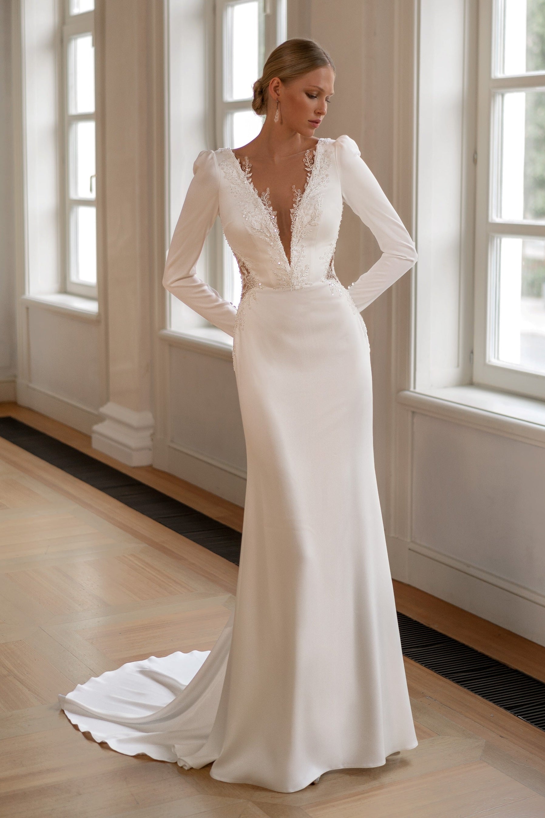 Long Sleeve Crepe Fit and Flare Wedding Dress