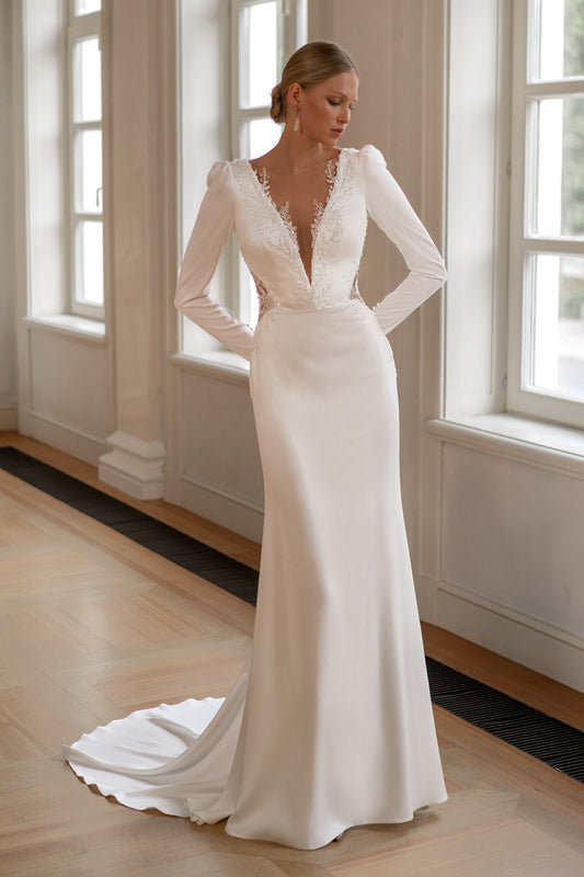 Long Sleeve Crepe Fit and Flare Wedding Dress