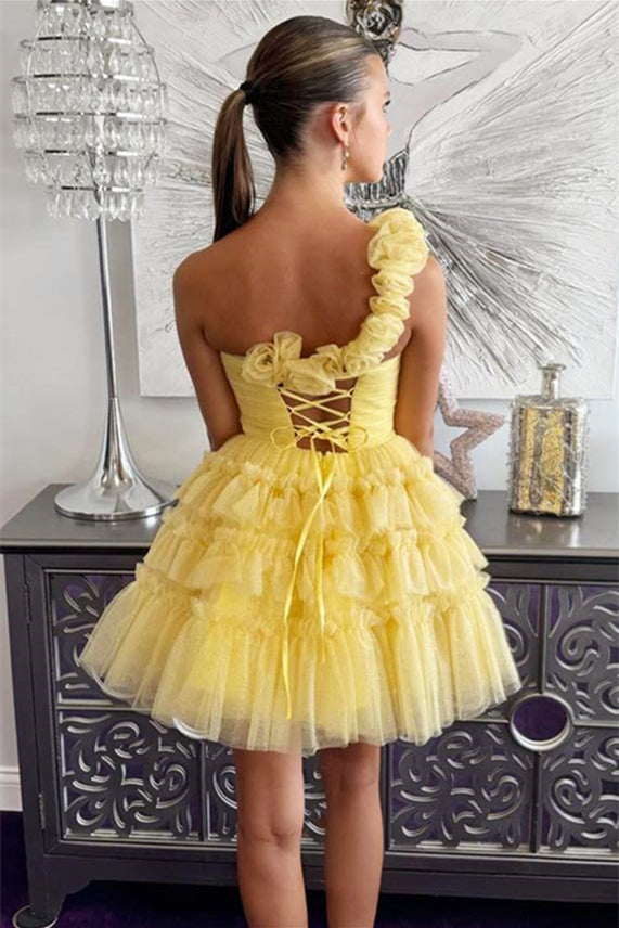 One-Shoulder Tiered Tulle Homecoming Mini Dress