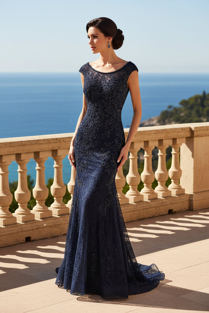 Embellished Lace Trumpet Gown with Cap Sleeves