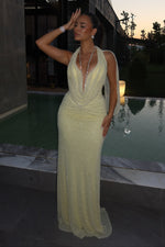 Beaded Cowl Halter Column Gown with Capelet