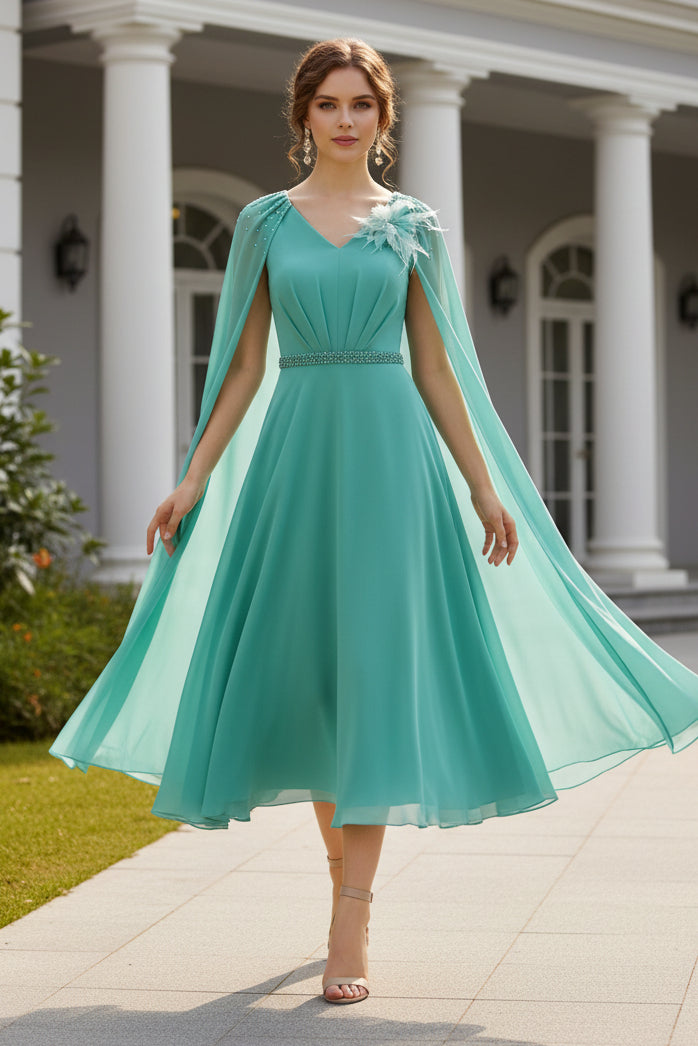 Elegant V-Neck Chiffon Cape Midi Dress