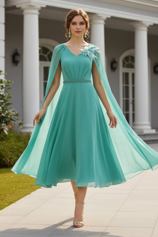 Elegant V-Neck Chiffon Cape Midi Dress