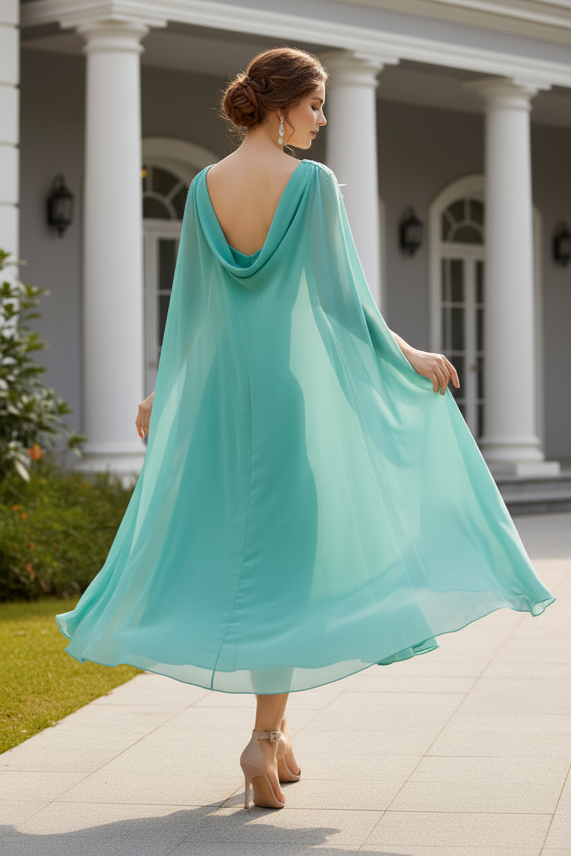 Elegant V-Neck Chiffon Cape Midi Dress