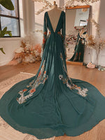 Deep V-Neck Long Sleeve Boho Floral Chiffon Gown