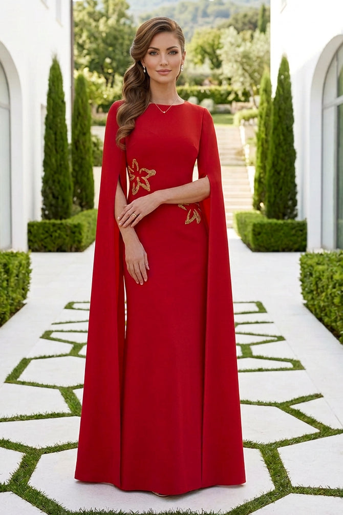 Cape Sleeve Floor-Length Evening Gown with Appliques
