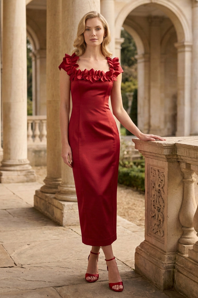 Ruffled Neckline Column Midi Dress