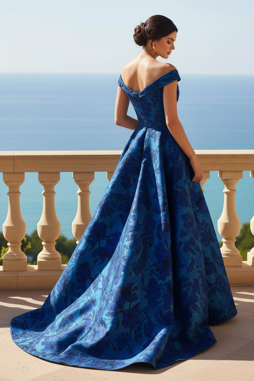 Off-the-Shoulder Floral Jacquard Gown