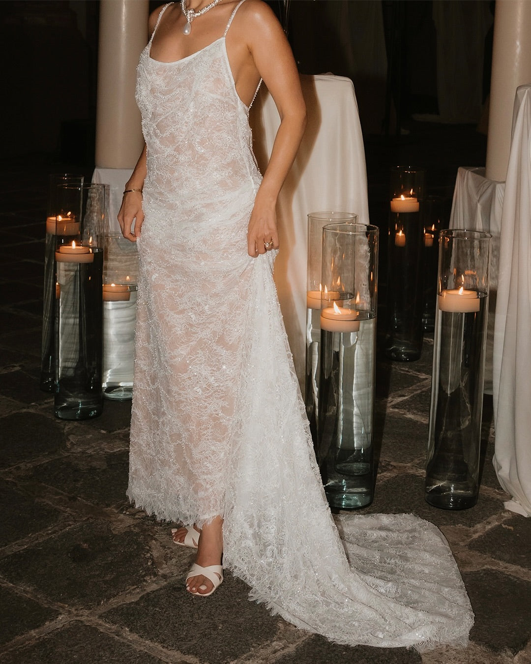 Cowl Neck Lace Slip Wedding Dress with Sweep Train