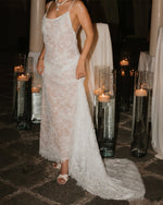 Cowl Neck Lace Slip Wedding Dress with Sweep Train