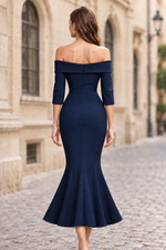 Off-the-Shoulder 3/4 Sleeve Trumpet Midi Dress