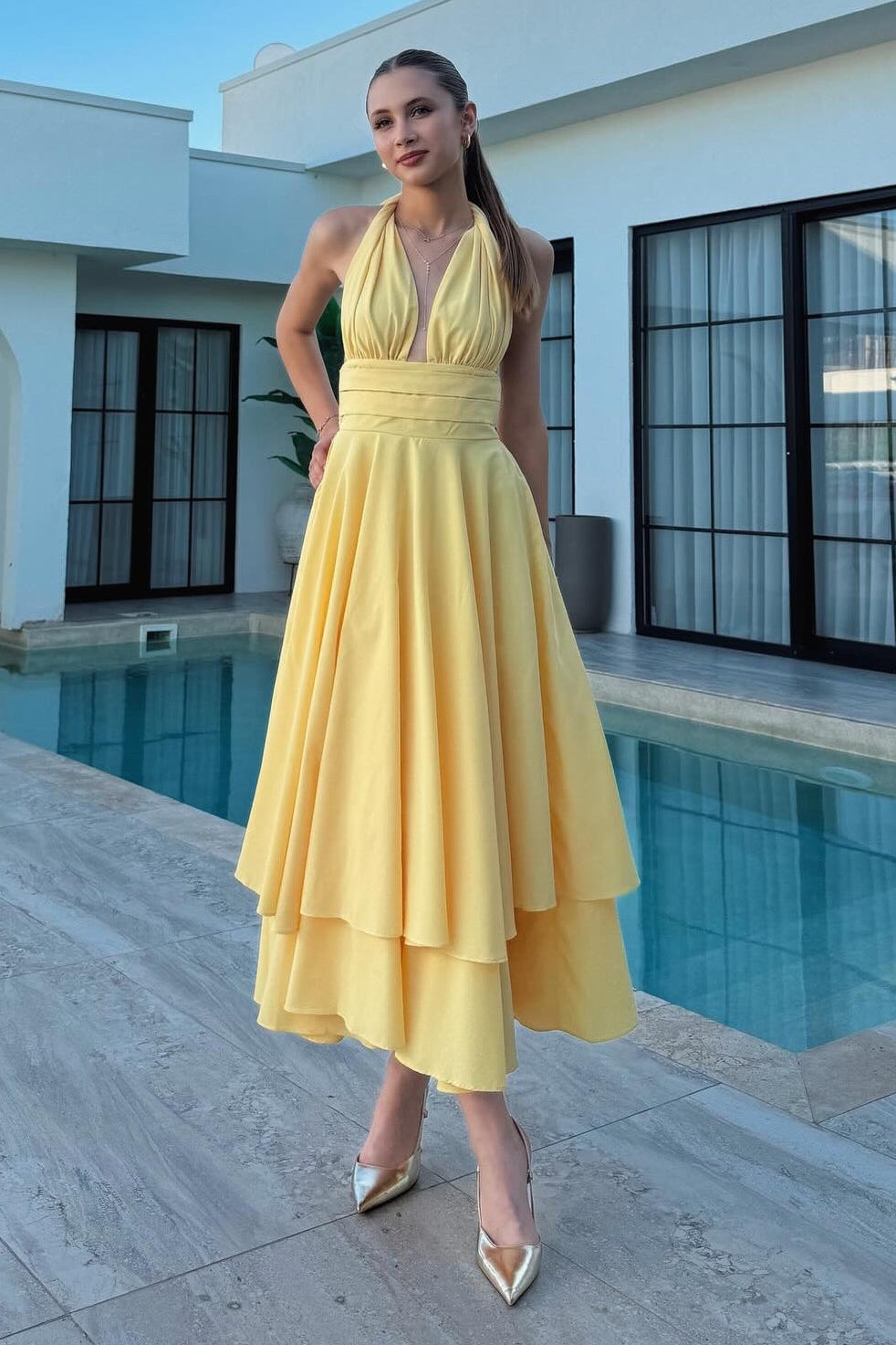 Deep V-Neck Halter Backless Tiered Midi Dress