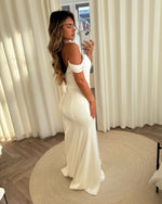 Off-the-Shoulder Ruched Satin Column Wedding Dress
