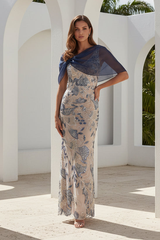 Floral Embroidered Sheath Gown with Sheer Shawl