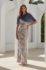 Floral Embroidered Sheath Gown with Sheer Shawl