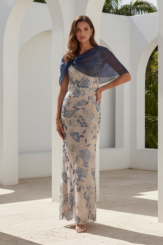 Floral Embroidered Sheath Gown with Sheer Shawl