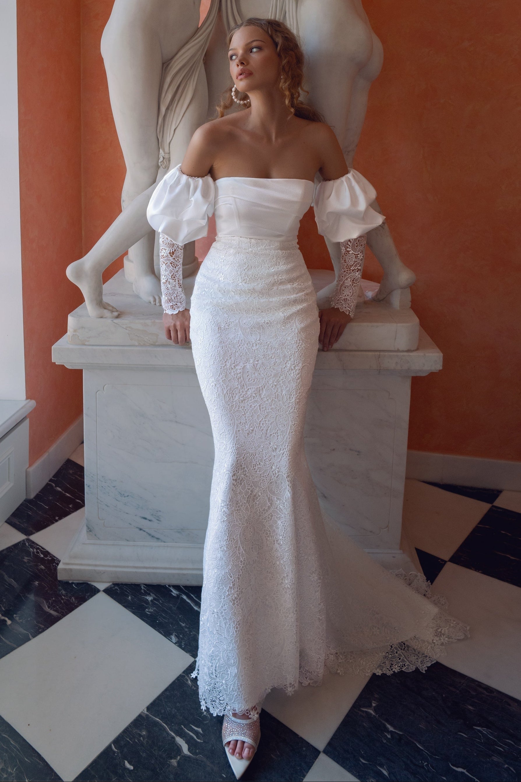 Off-Shoulder Puff Sleeve Lace Mermaid Bridal Gown